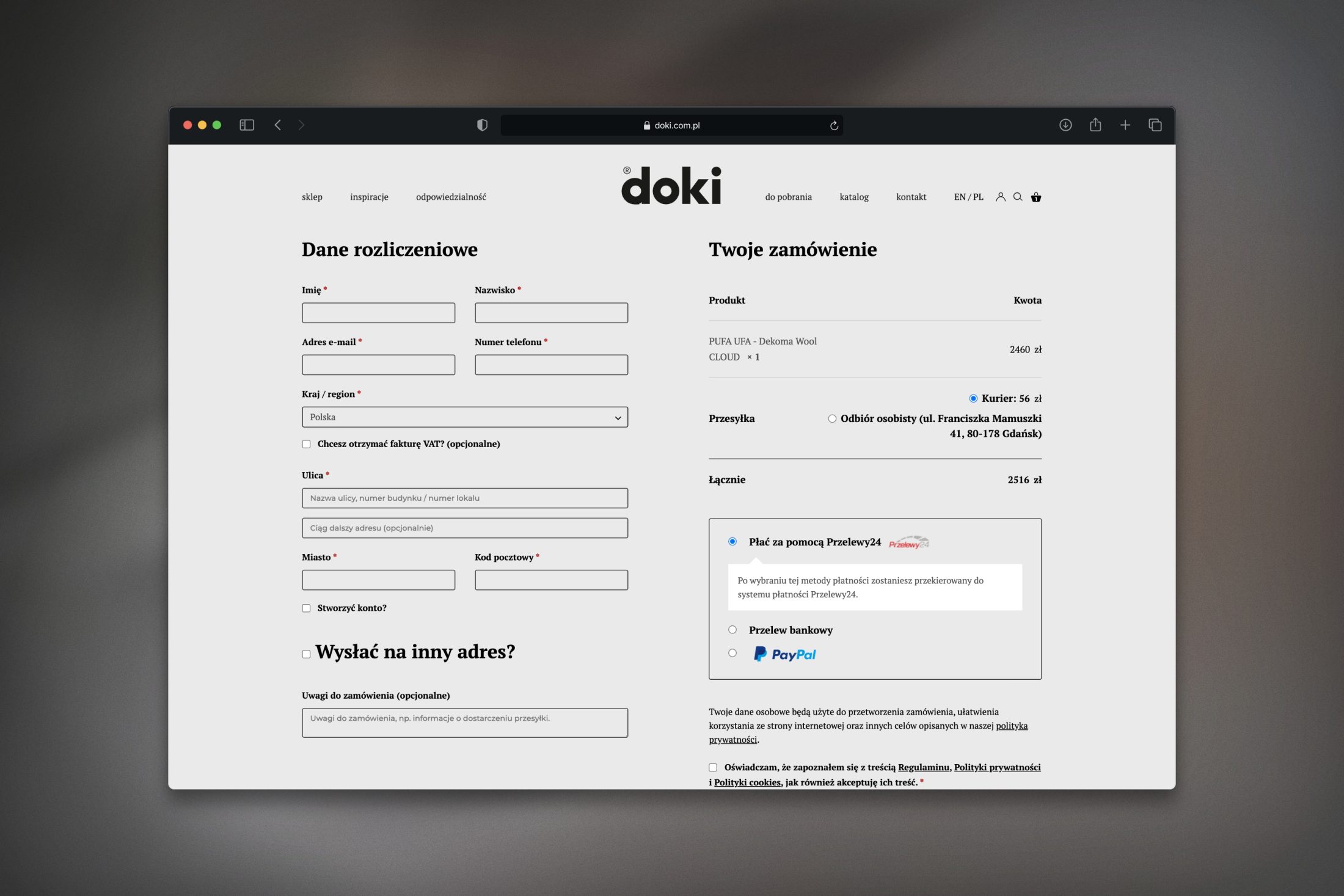 Strona checkout sklepu Doki.com.pl: formularz zamówienia, dane rozliczeniowe, produkt (pufa), wysyłka, płatności Przelewy2