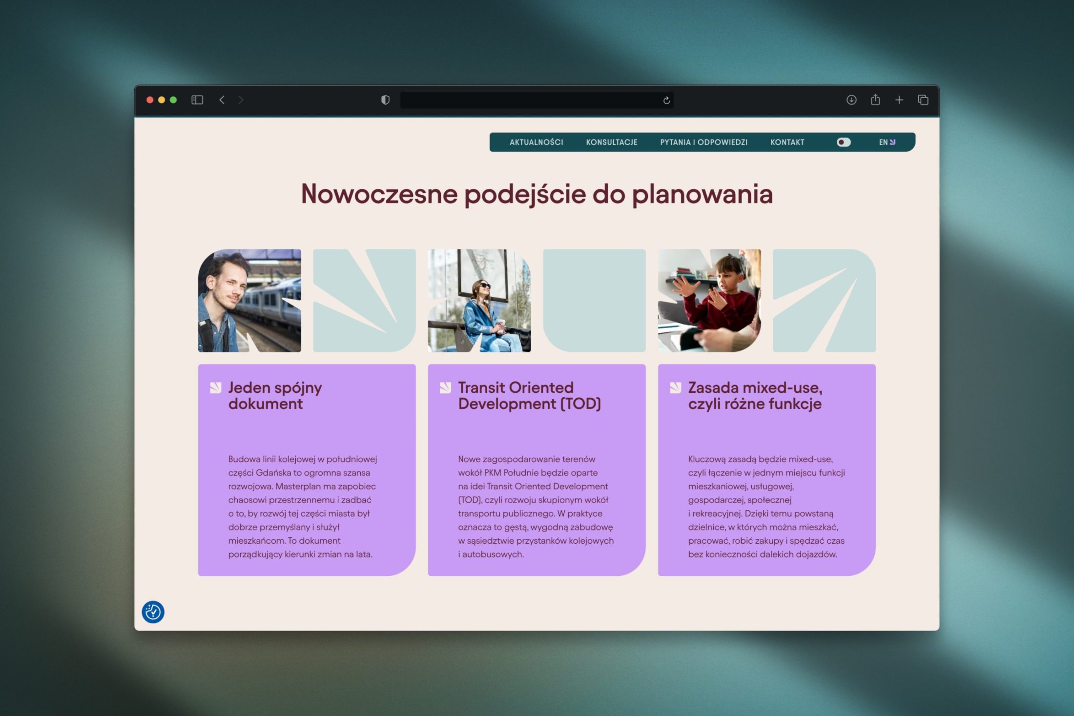 Mockup strony internetowej o nowoczesnym planowaniu przestrzennym Gdańska, Transit Oriented Development i zasadzie mixed-u...